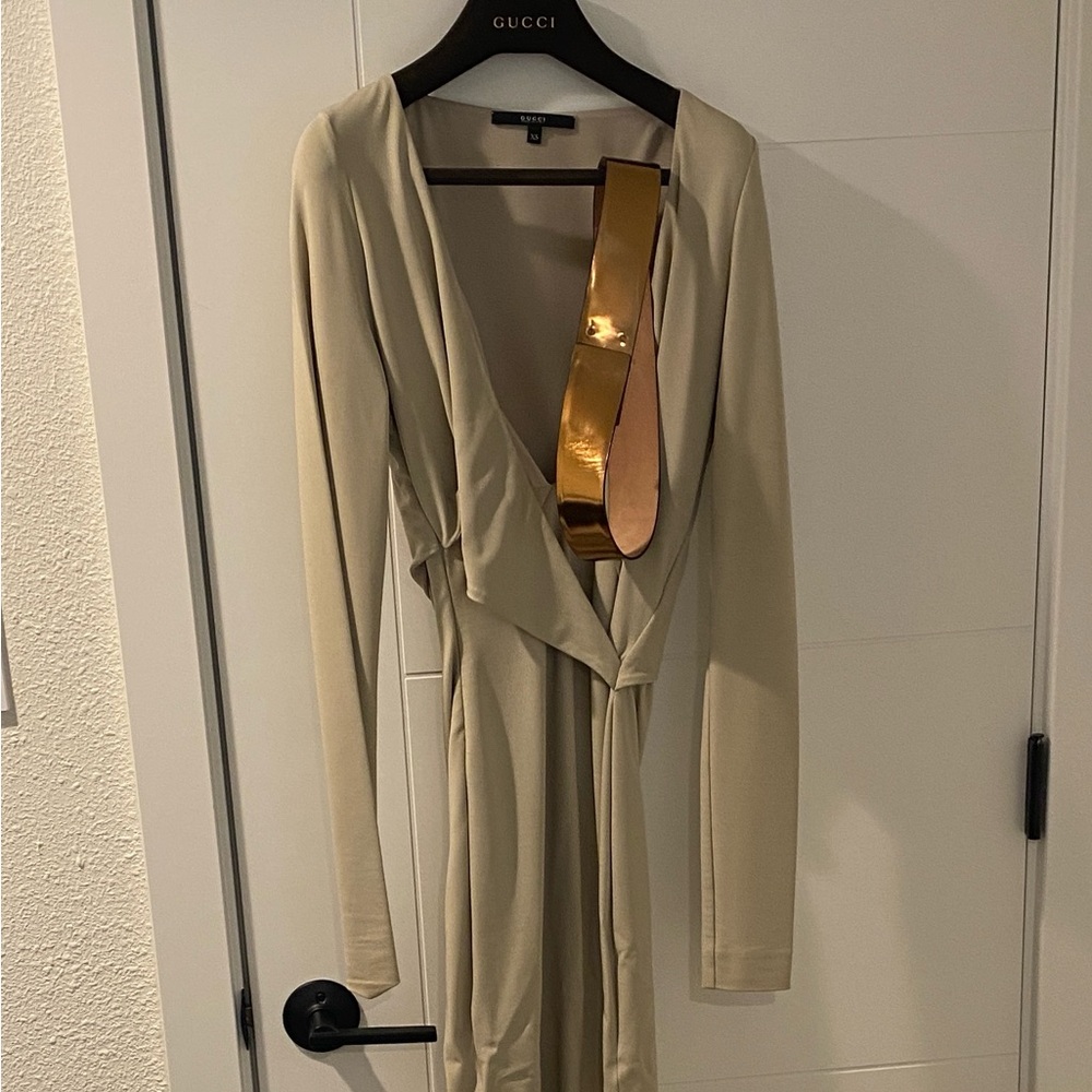 Gucci Long Sleeve Dress in Champagne with Gold Belt